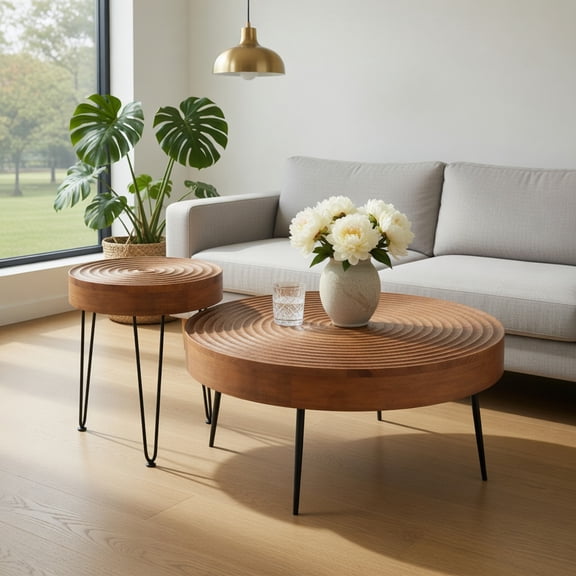 Kadyn Coffee Table,Desktop Table,Center Table,Set of 2 Solid Wood Ring Pattern Farmhouse Round Coffee Tables-Brown