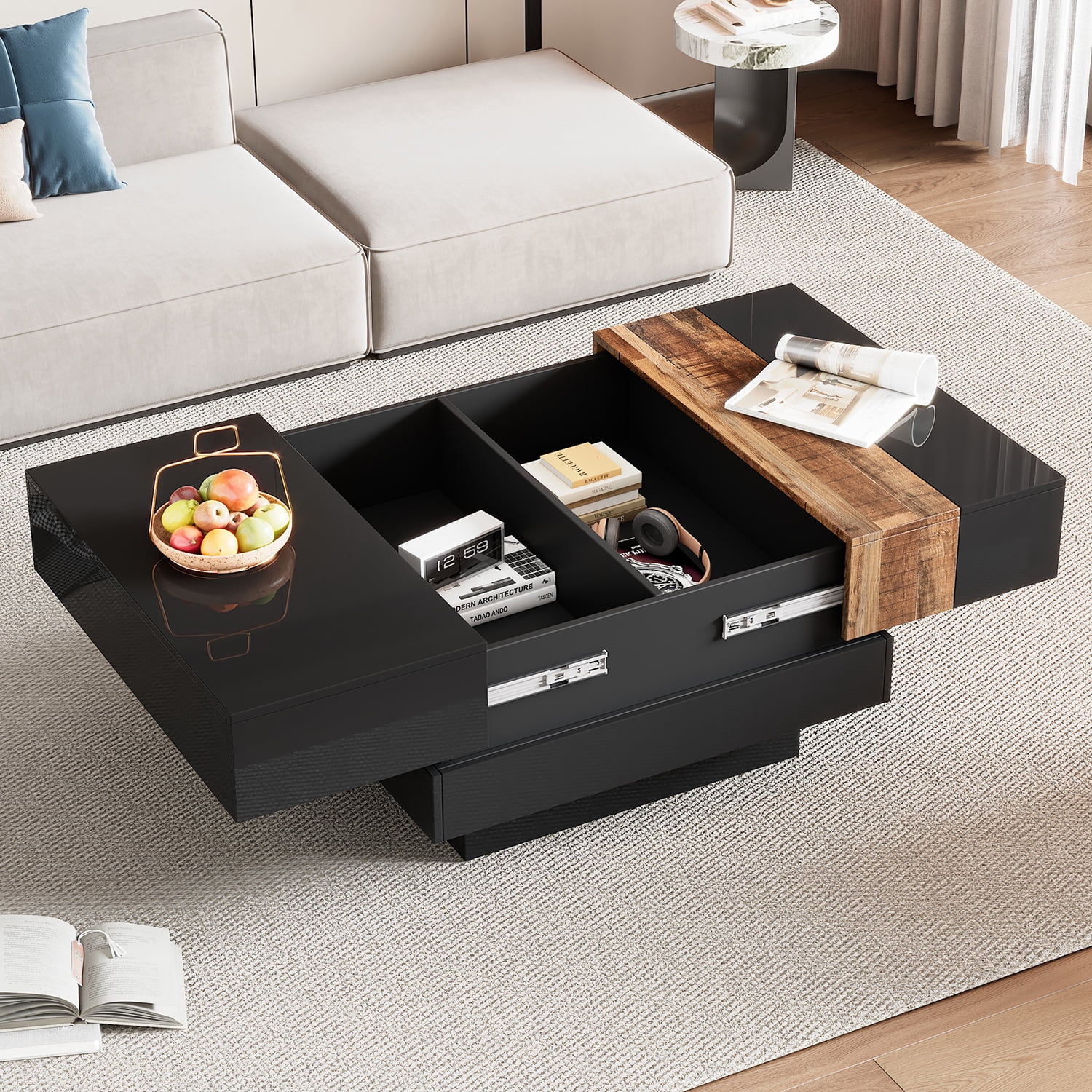 Kadyn Coffee Table with Sliding Tabletop, High Gloss Center Table with Hidden Storage ...