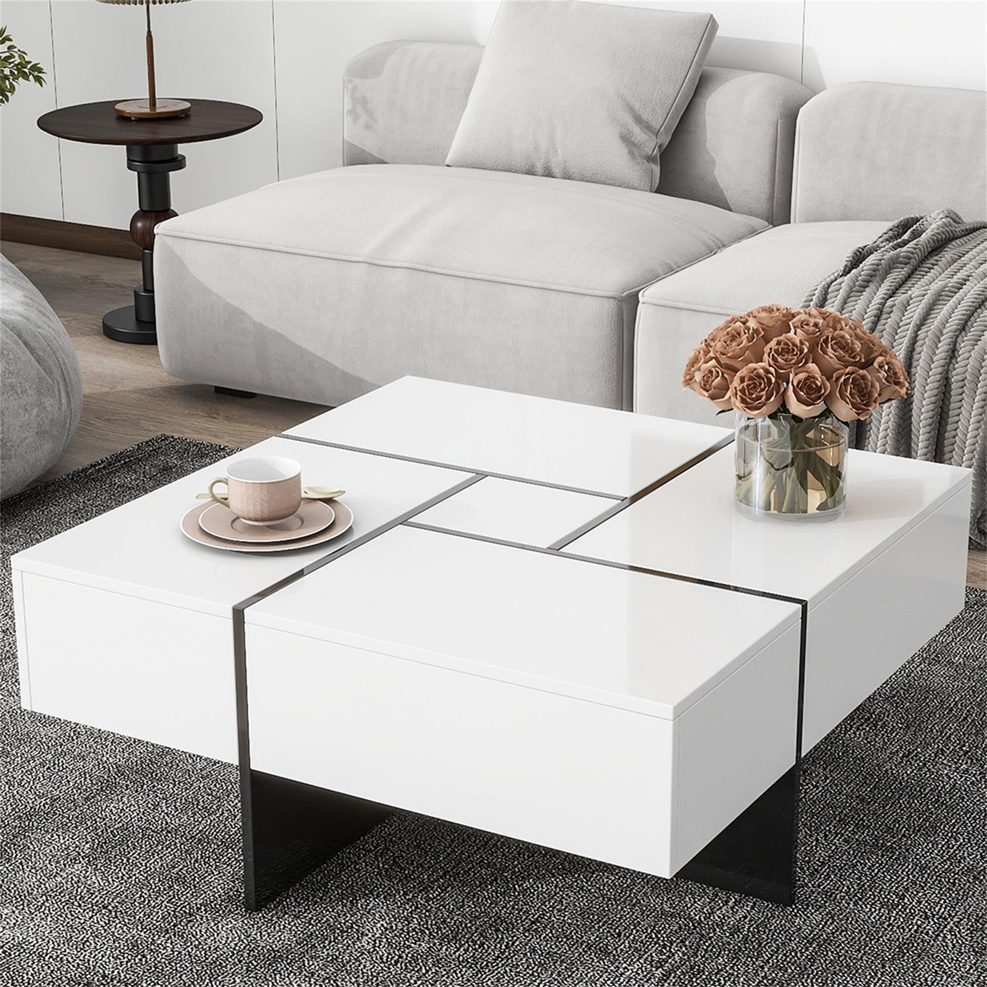 Kadyn Coffee Table, Square Cocktail Table with 4 Hidden Storage Compartments and Extendable Sliding Tabletop, White Kadyn Coffee Table, Square Cocktail Table with 4 Hidden Storage Compartments and Extendable Sliding Tabletop, White