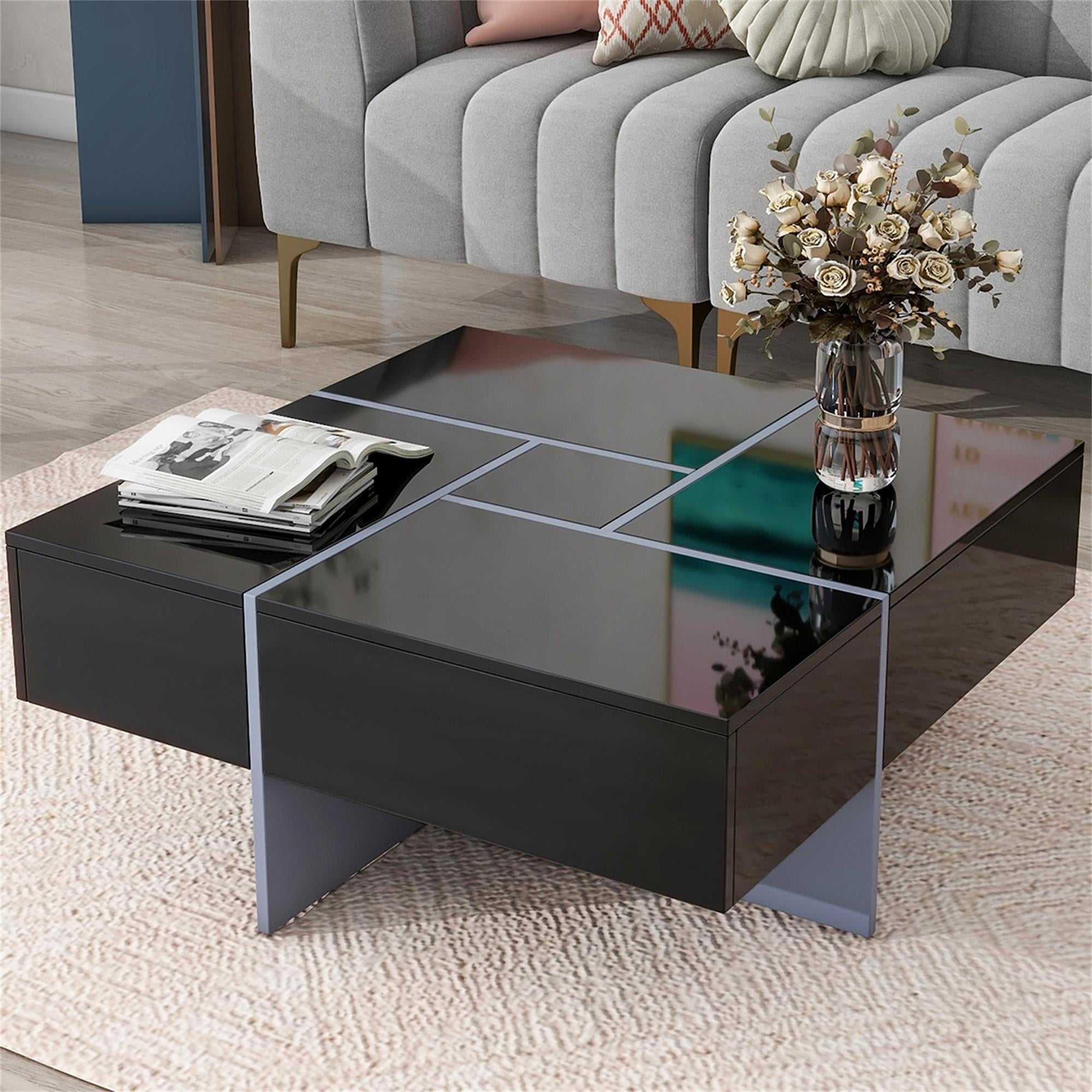 Kadyn Coffee Table, Square Tea Table with 4 Hidden Storage Compartments and Extendable Sliding Tabletop, Black Kadyn Coffee Table, Square Tea Table with 4 Hidden Storage Compartments and Extendable Sliding Tabletop, Black