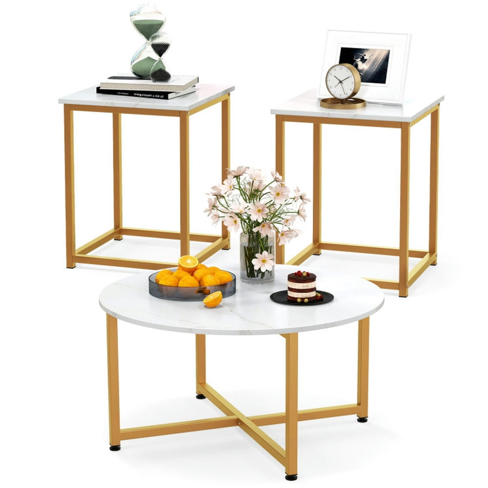 Kadyn Coffee Tables,Center Table,3-Piece Coffee Table Set Round Coffee Table and 2PCS Square End Tables-White and Gold
