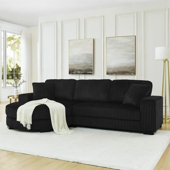 Kadyn Comfy Couches with Corduroy Tufted Upholstered and L-Shaped Modular Convertible, Seat soft with Arc-shaped Footstool for Living Room, Bedroom, Office, Black