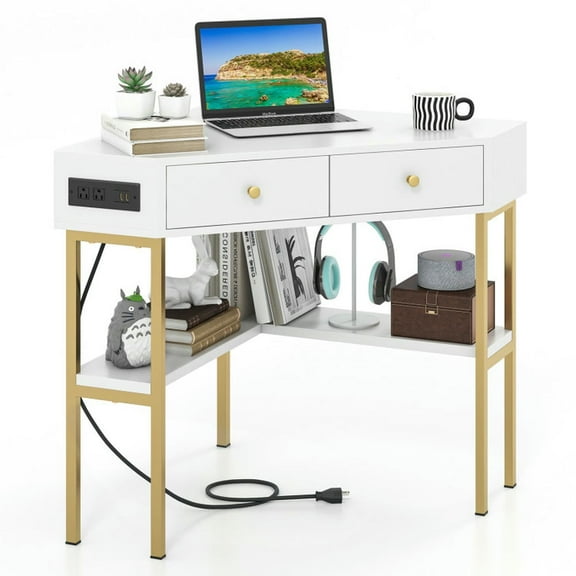 Kadyn Computer Corner Desk,Home Office Writing Worstation, Corner Table,Triangle Corner Desk with Charging Station with 2 Drawers and Storage Shelf-White