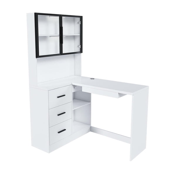 Kadyn Computer Desk with Glass Cabinets and Built-In LED Lights, L-Shaped Study Writing Table with USB Charging Ports, White