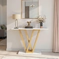 thumbnail image 1 of Kadyn Console Table, Entryway Table, Side Table, Display Table,43” Modern Gold Console Table, Narrow Entryway Table with V-Leg Metal Frame, White & Gold, 1 of 8