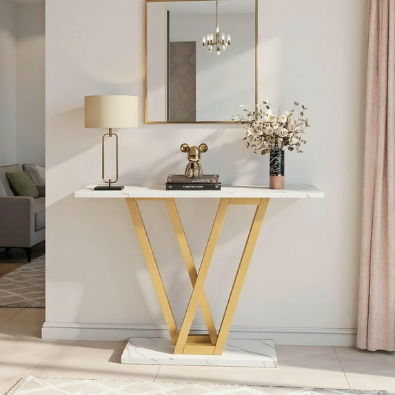 Kadyn Console Table, Entryway Table, Side Table, Display Table,43” Modern Gold Console Table, Narrow Entryway Table with V-Leg Metal Frame, White & Gold
