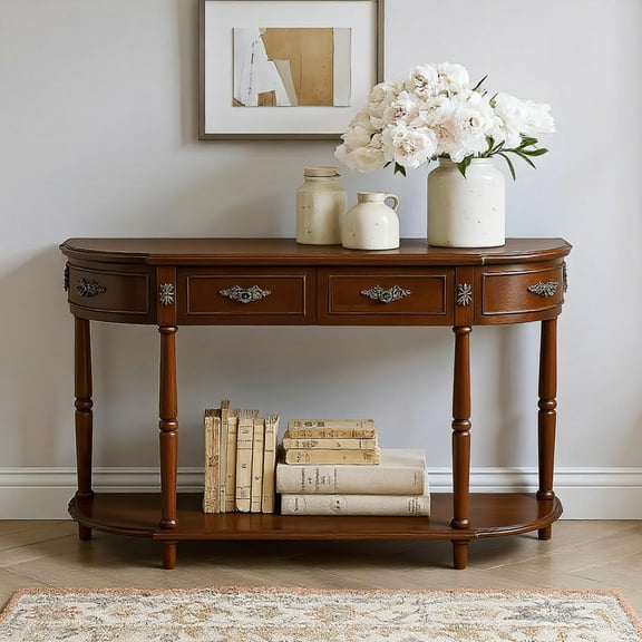Kadyn Console Table, Entryway Table, Side Table, Display Table,52" Circular Half Moon Sofa Table with Open Shelf and 2 Drawers, Cherry