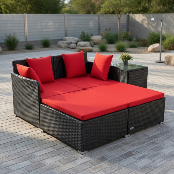 Kadyn Conversation Patio Porch Loveseat Chairs Furniture Set, Patio Furniture Sets Spacious Outdoor Rattan Daybed with Upholstered Cushions and Pillows-Red