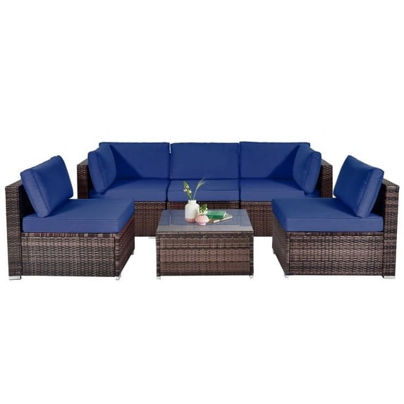 Kadyn Conversation Patio Porch Loveseat Chairs Furniture Set, Patio Furniture Sets 6 Pieces Patio Rattan Furniture Set with Cushions and Glass Coffee Table-Navy