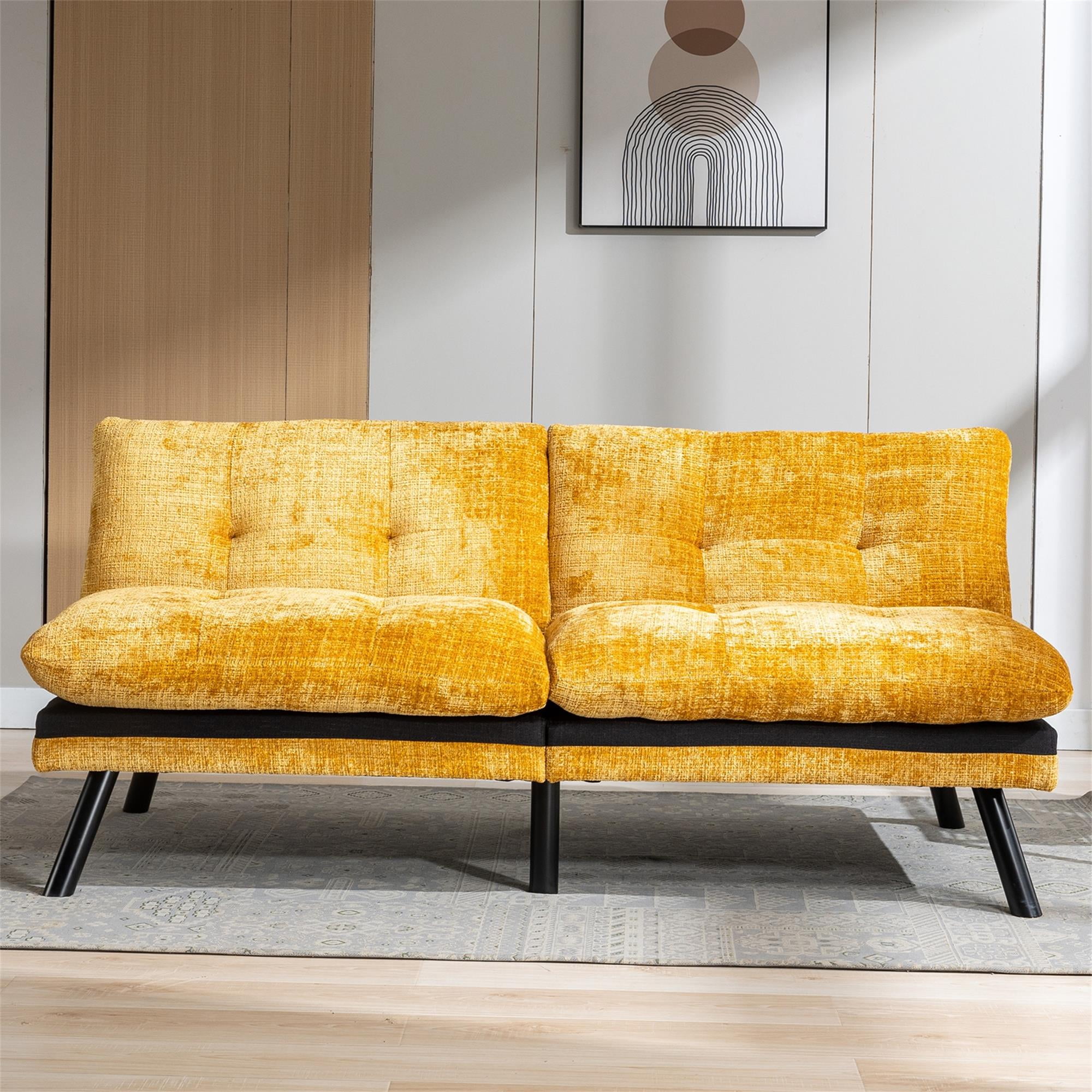 Kadyn Convertible Sofa Bed, Loveseat Futon Bed with Metal Legs, Adjustable Lounge Couch for Compact Living Space Chenille, Yellow Kadyn Convertible Sofa Bed, Loveseat Futon Bed with Metal Legs, Adjustable Lounge Couch for Compact Living Space Chenille, Yellow