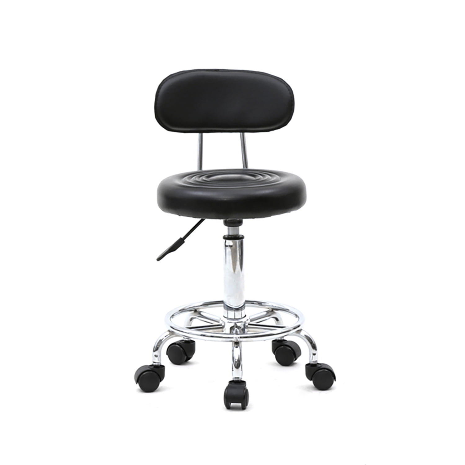 Kadyn Counter Height Adjustable Bar Stools, Round Shape Salon Stool with Back and Line, PU Leather Rolling Swivel Chair, Black Kadyn Counter Height Adjustable Bar Stools, Round Shape Salon Stool with Back and Line, PU Leather Rolling Swivel Chair, Black