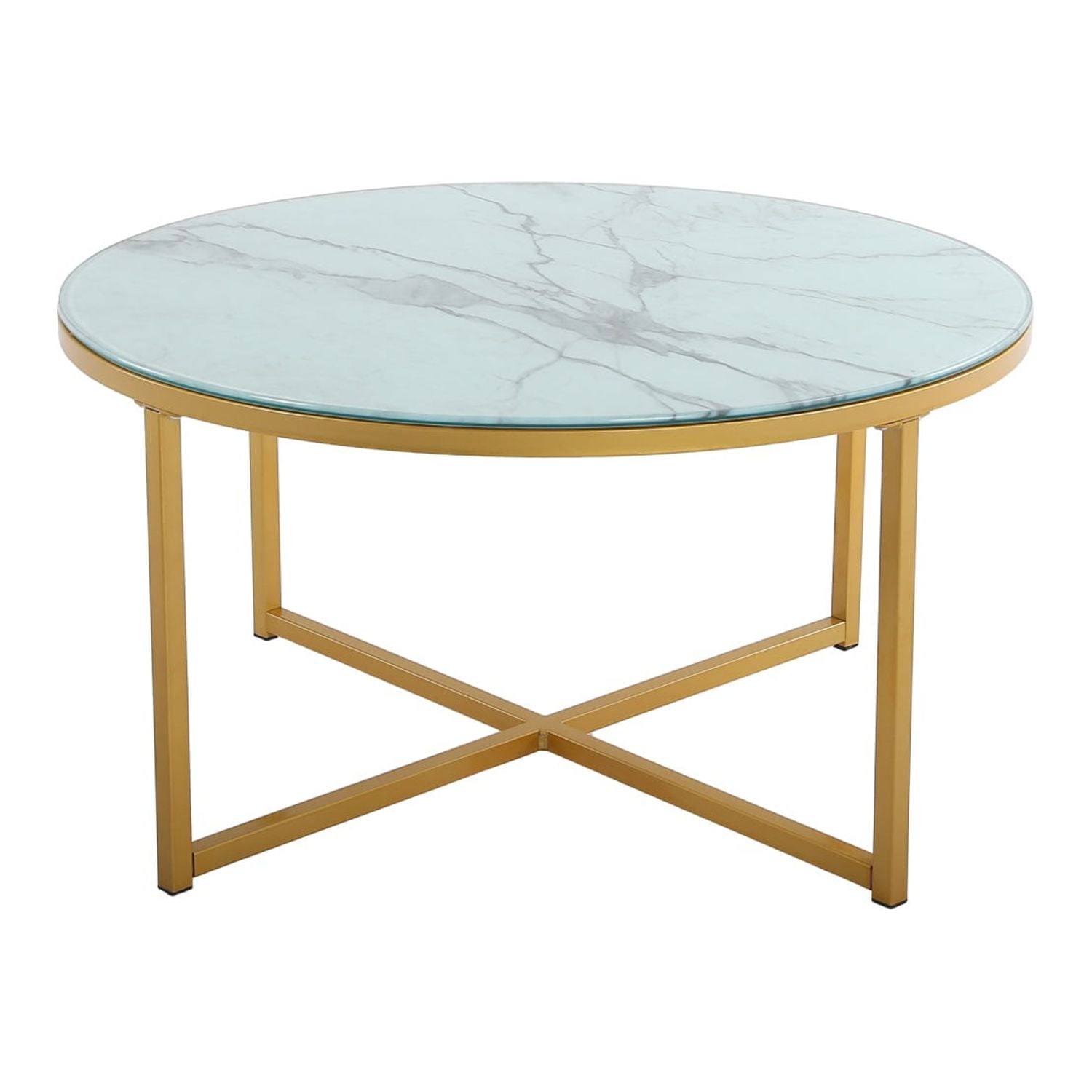 Kadyn Cross Legs MDF Coffee Table, Modern Metal Coffee Table with Metal Base, Round Table Cocktail Table for Living Room, Golden Kadyn Cross Legs MDF Coffee Table, Modern Metal Coffee Table with Metal Base, Round Table Cocktail Table for Living Room, Golden