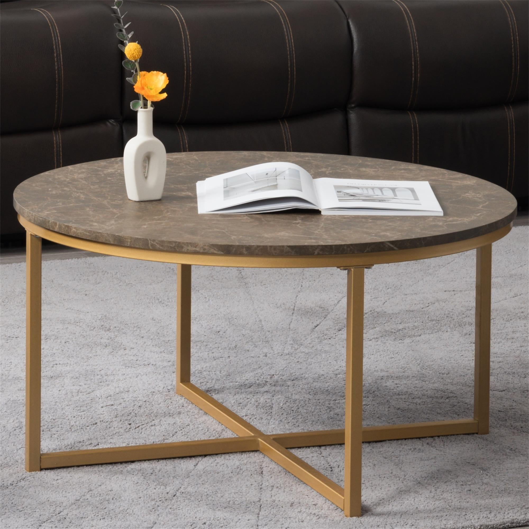 Kadyn Cross Legs MDF Coffee Table, Modern Metal Tea Table with Metal Base, Round Sofa Center Table Cocktail Table for Living Room, Golden Kadyn Cross Legs MDF Coffee Table, Modern Metal Tea Table with Metal Base, Round Sofa Center Table Cocktail Table for Living Room, Golden