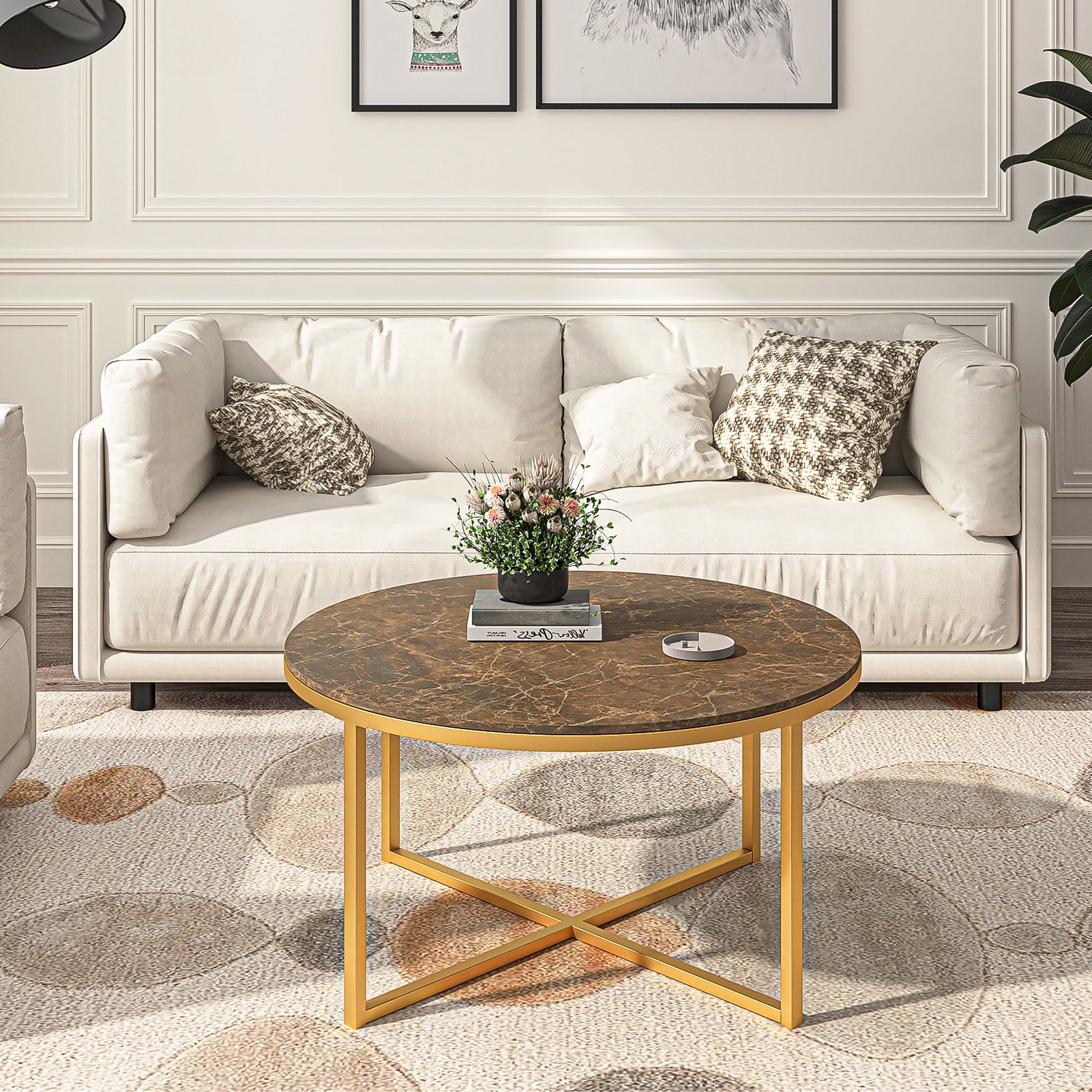Kadyn Cross Legs MDF Coffee Table, Modern Metal Tea Table with Metal Base, Round Sofa Center Table Cocktail Table for Living Room, Golden Kadyn Cross Legs MDF Coffee Table, Modern Metal Tea Table with Metal Base, Round Sofa Center Table Cocktail Table for Living Room, Golden