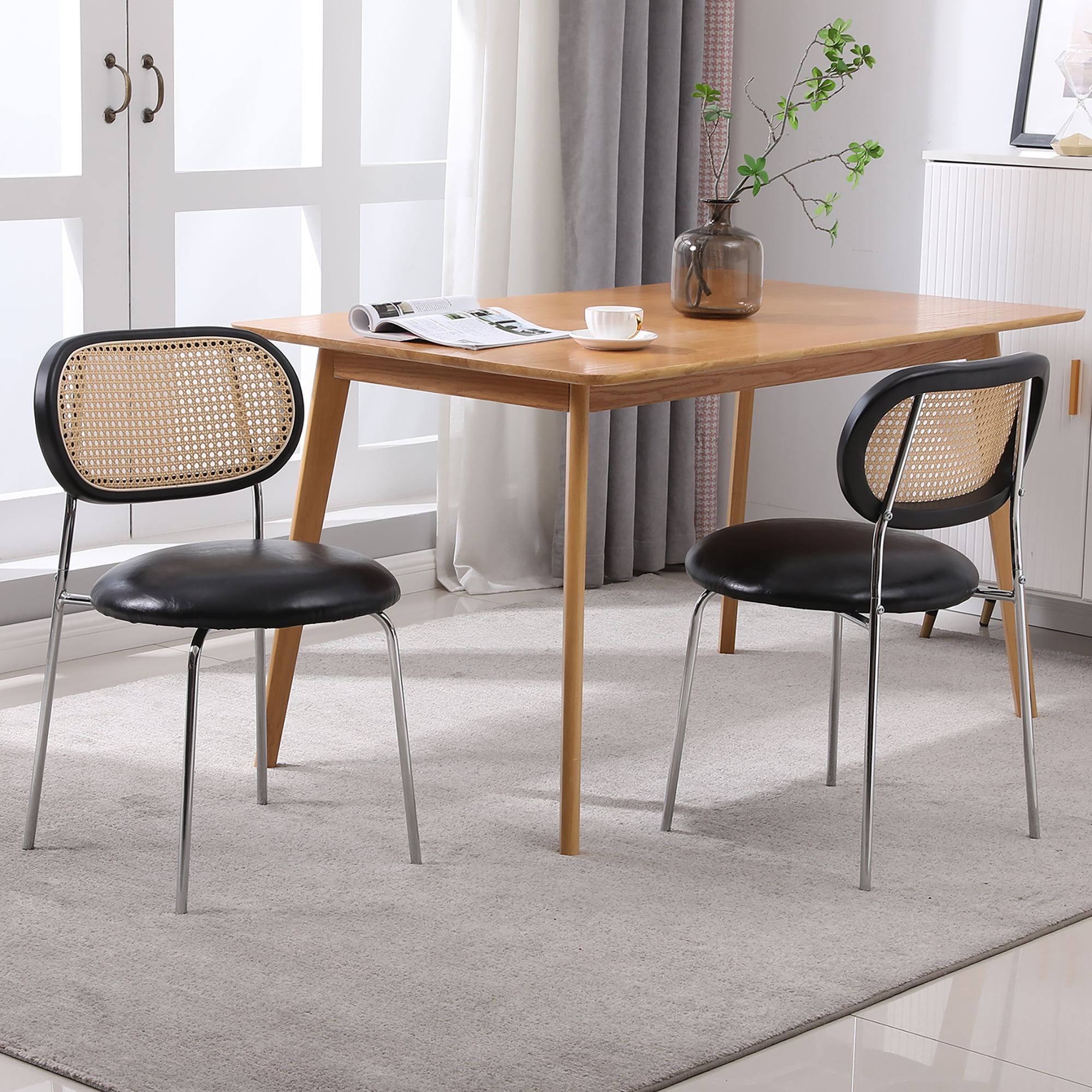 Kadyn Dining Chair Set of 2, Upholstered Kitchen Chairs with Rattan Backrest for Living Room, Black Kadyn Dining Chair Set of 2, Upholstered Kitchen Chairs with Rattan Backrest for Living Room, Black
