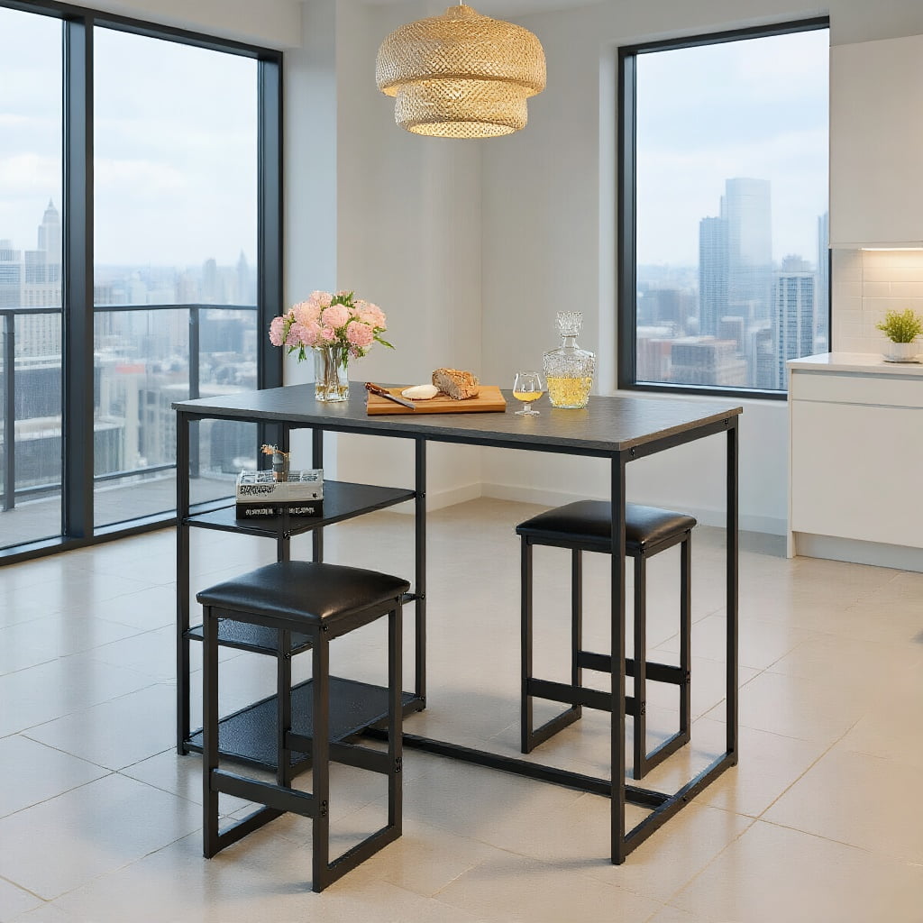 Kadyn Dining Room Table Chair Set,Kitchen Table Set, Dining Room Set,3 pcs Dining Set with Faux Marble Top Table and 2 Stools-Black