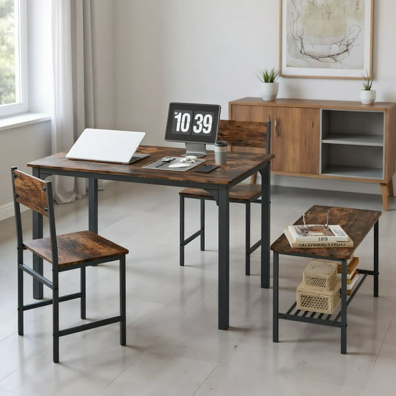 Kadyn Dining Room Table Chair Set,Kitchen Table Set, Dining Room Set,4 Pieces Rustic Dining Table Set with 2 Chairs and Bench-Rustic Brown