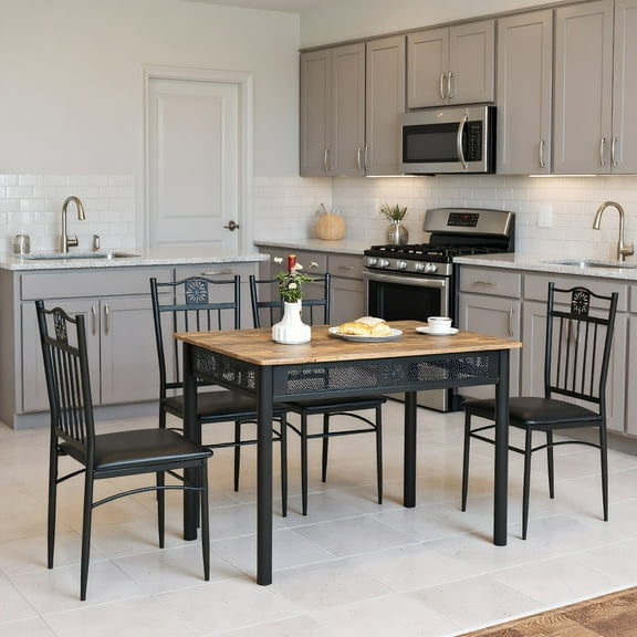 Kadyn Dining Room Table Chair Set,Kitchen Table Set, Dining Room Set,5 Pcs Dining Set Wood Metal Table and 4 Chairs with Cushions-Black