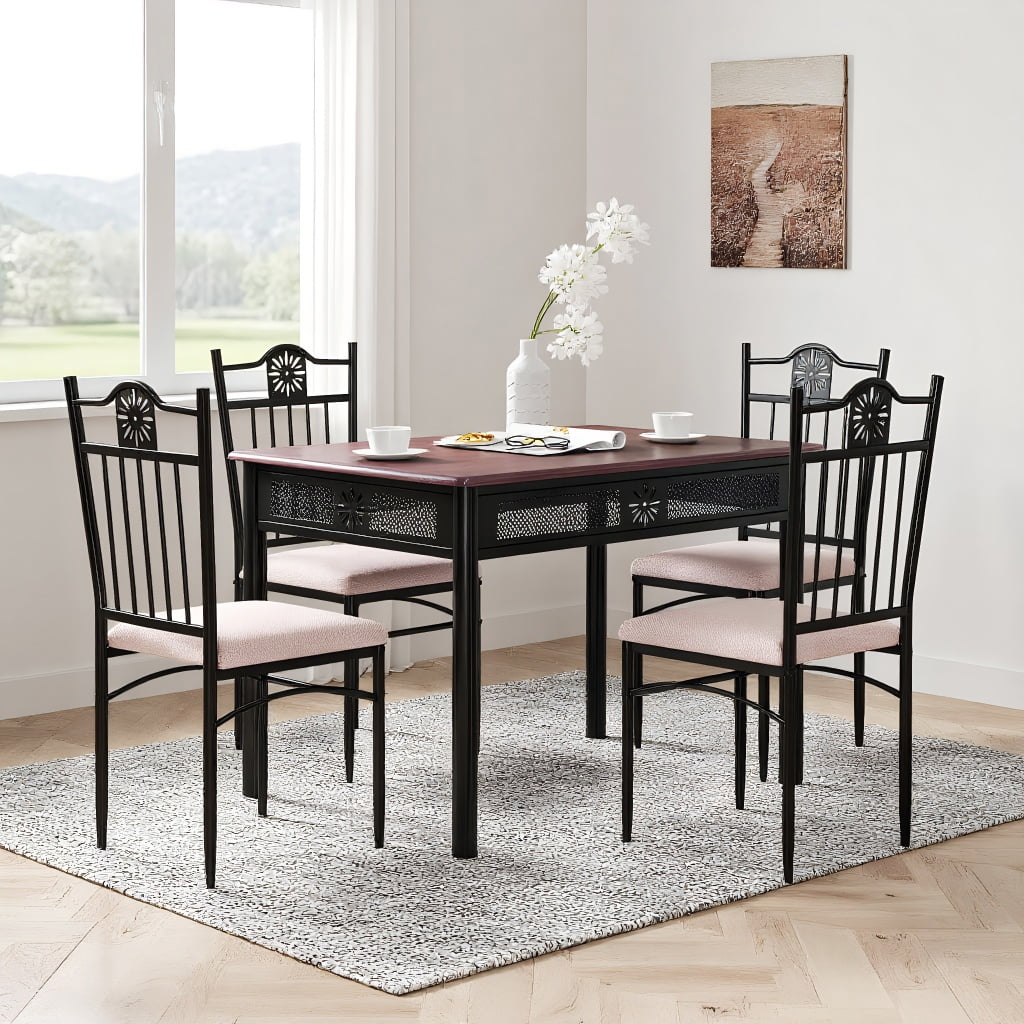 Kadyn Dining Room Table Chair Set,Kitchen Table Set, Dining Room Set,5 Pcs Dining Set Wood Metal Table and 4 Chairs with Cushions