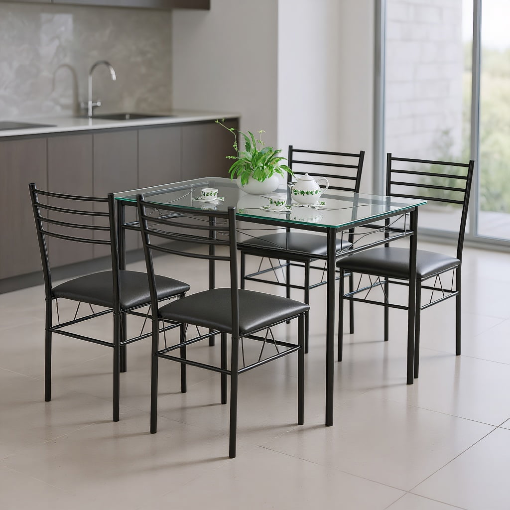 Kadyn Dining Room Table Chair Set,Kitchen Table Set, Dining Room Set,5 Pieces Dining Set with Tempered Glass Top Table and 4 Upholstered Chairs