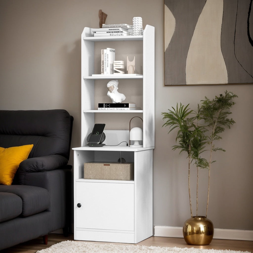 Kadyn Display Shelf, Bookshelf, Display Rack, Plant Stand,Storage Rack, Bedside Tables Tall Nightstands with 5 Open Shelf and Cabinet-White