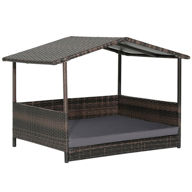 Kadyn Dog House Indoor Outdoor, Pet Dog House, Outdoor Wicker Dog House with Weatherproof Roof-Gray