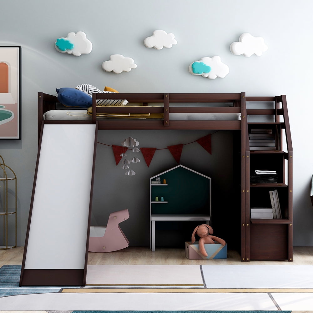 Kadyn Double Loft Bed with Storage and Slide, Kid's Bedroom Bed, Espresso Kadyn Double Loft Bed with Storage and Slide, Kid's Bedroom Bed, Espresso