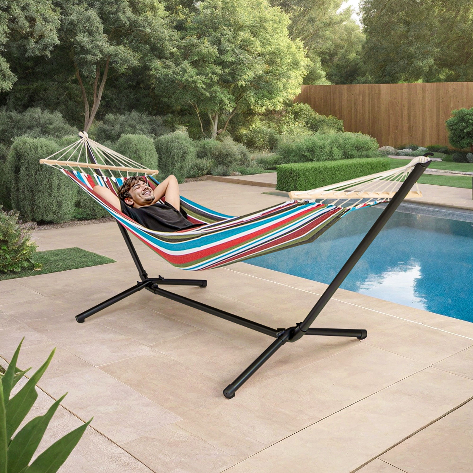 Kadyn Double Quilted Fabric Hammock with Stand and Carrying Case, 2 Person Hammock for Outdoor Patio Backyard Poolside, Multicolor