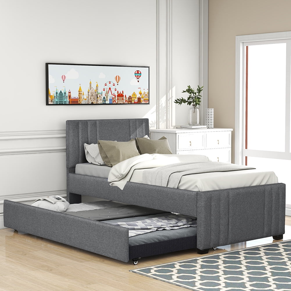 Kadyn Double Upholstered Platform Bed with Rollers, Modern Bedroom Twin, Grey Kadyn Double Upholstered Platform Bed with Rollers, Modern Bedroom Twin, Grey