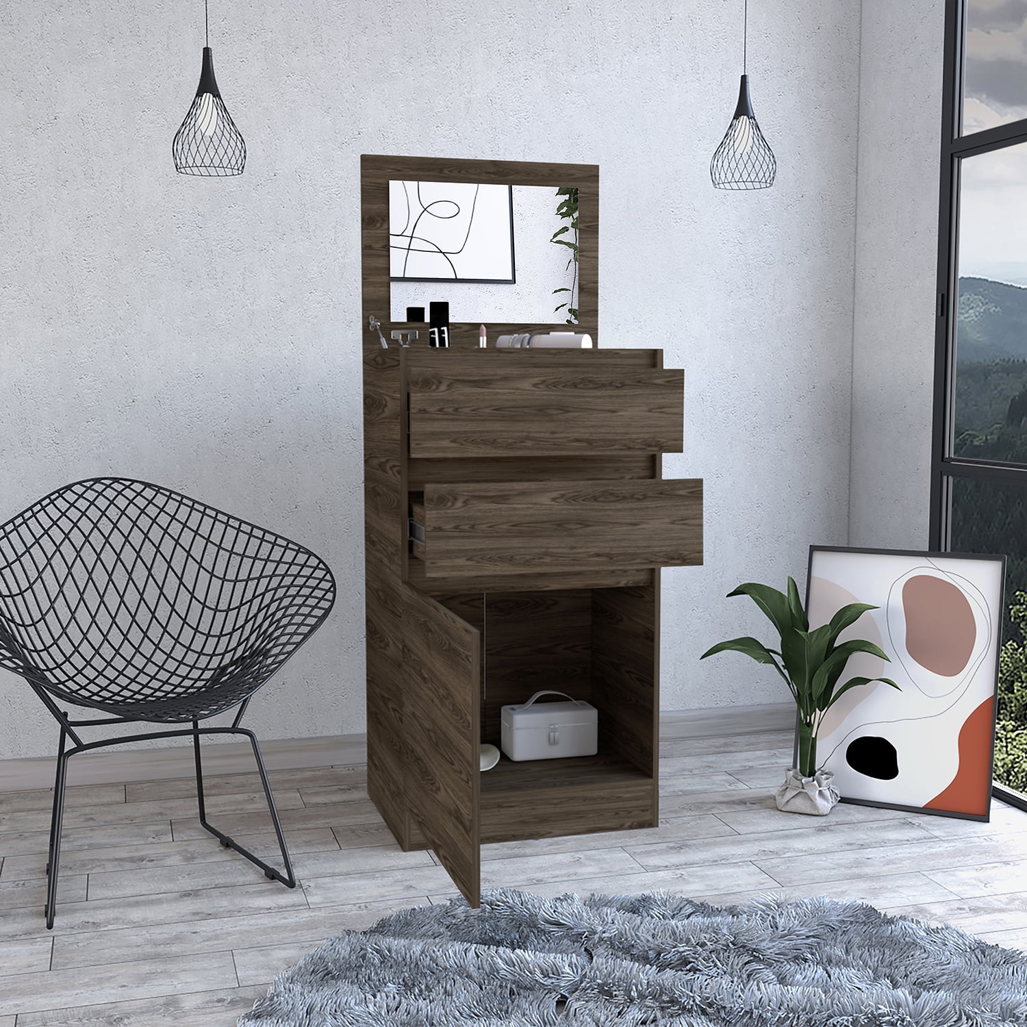 Kadyn Dresser with Jewelry Box, Single Door Cabinet, Chest of Drawers with Mirror, Dark Walnut Jewelry Storage Container Kadyn Dresser with Jewelry Box, Single Door Cabinet, Chest of Drawers with Mirror, Dark Walnut Jewelry Storage Container