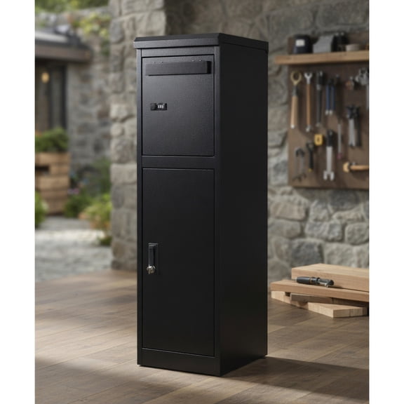 Kadyn DualCompartment Outdoor Package Delivery Storage Box, WeatherResistant Galvanized Steel Mail Locker, Secure Parcel Drop Cabinet With Numeric Combination Lock For Porch Yard, Black