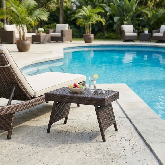 Kadyn End Tables, Indoor Companion, Patio Side Table, Folding PE Rattan Side Coffee Table Patio Garden Furniture-Brown