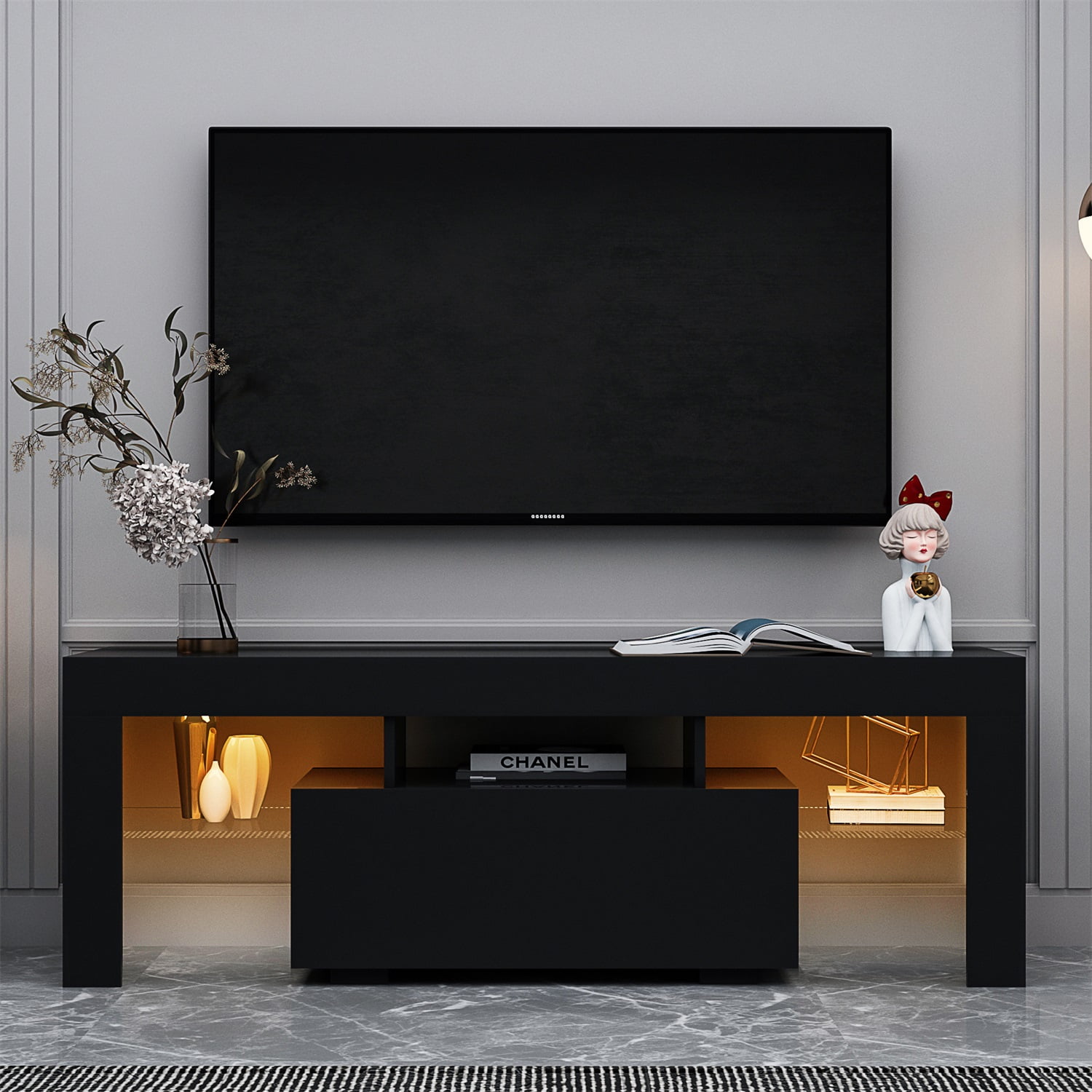 Kadyn Entertainment Center TV Stand, MDF TV Console with LED Light, Modern High-Gloss TV Cabinet for TVs up to 55", Black Kadyn Entertainment Center TV Stand, MDF TV Console with LED Light, Modern High-Gloss TV Cabinet for TVs up to 55", Black