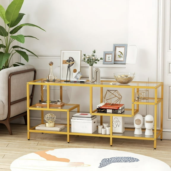 Kadyn Entertainment Centers,TV Stands,58 Inch TV Console Table with Tempered Glass Shelves for Living Room-Gold
