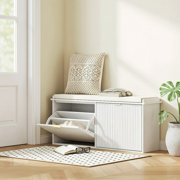 Kadyn Entryway Storage Bench, Shoe Bench, Shoe Storage Bench with Padded Seat Cushion and Flip-Drawer, Entryway Bench, 40.9"L, White