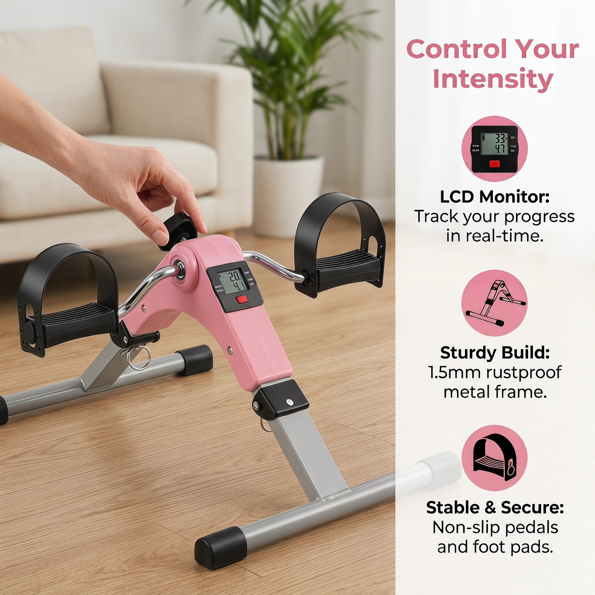 Kadyn Exercise Bicycle Machine,Exercise Bike, Under Desk Exercise Bike Pedal Exerciser with LCD Display for Legs and Arms Workout-Pink