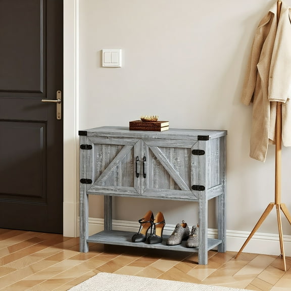 Kadyn Farmhouse Double Door Coffee Bar Cabinet, Kitchen Cabinet with Bottom Shelf for Entryway, Living Room, Stone Gray