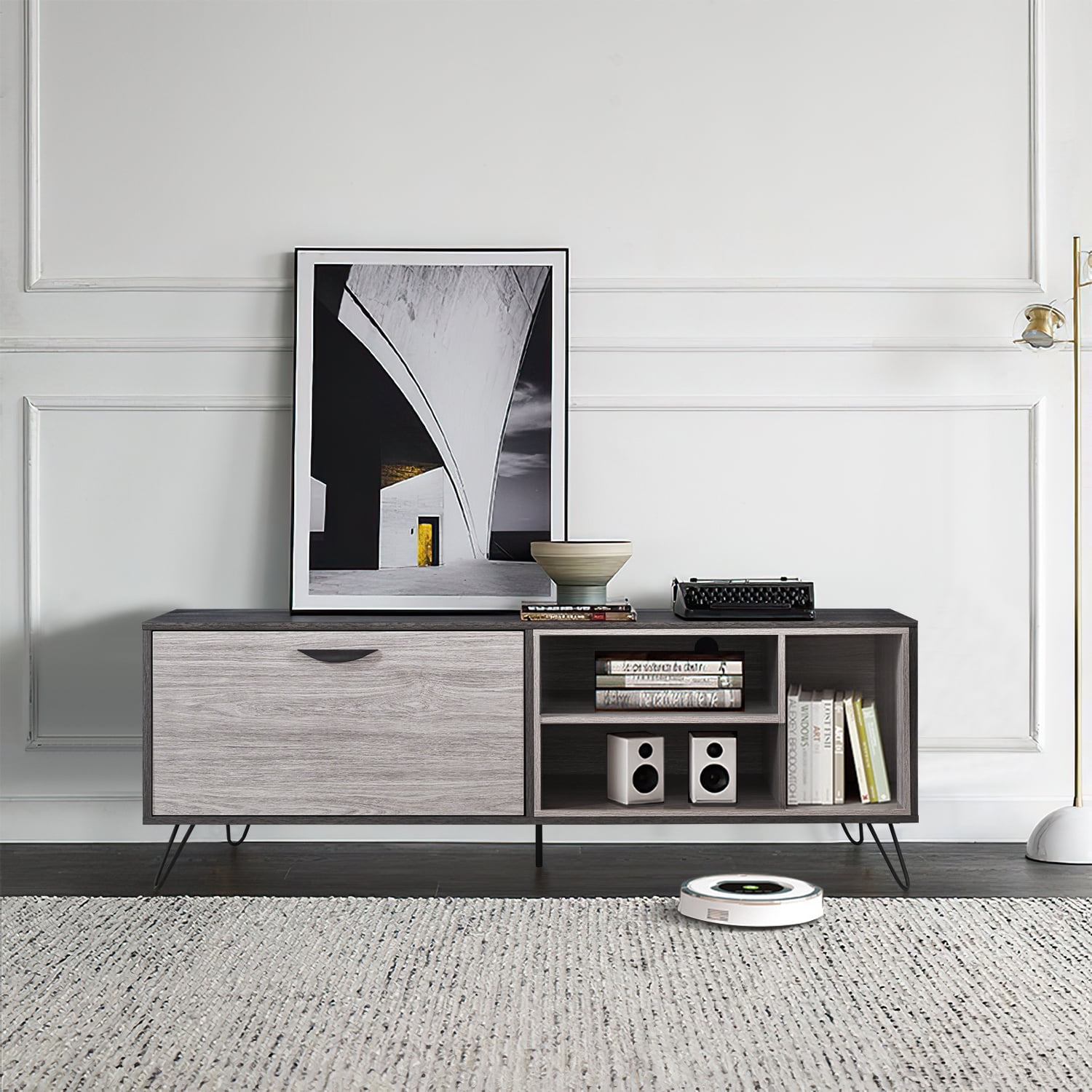 Kadyn Fiberboard TV Stand Console, Modern TV Console with Cabinet & Shelves, Mid Century TV Stand for TV up to 65 Inch, Plaid Grey Oak Kadyn Fiberboard TV Stand Console, Modern TV Console with Cabinet & Shelves, Mid Century TV Stand for TV up to 65 Inch, Plaid Grey Oak