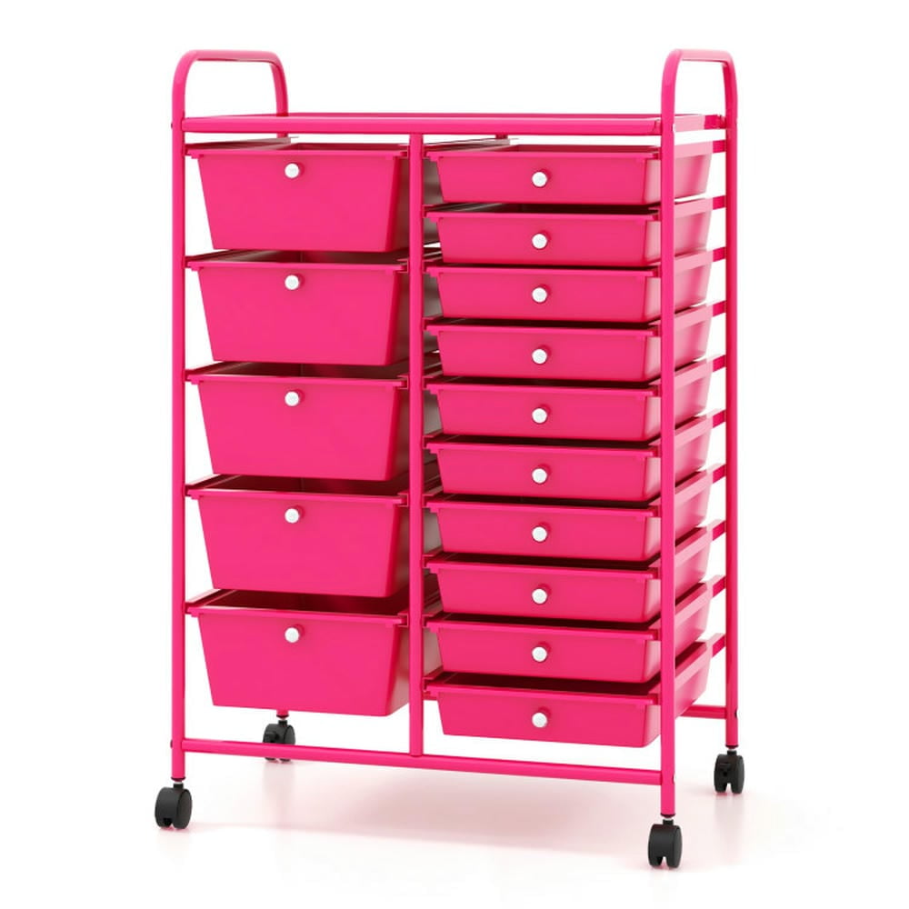 Hot Pink Steel Frame 15-Drawer Rolling Storage Cart