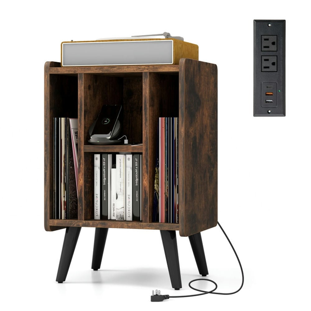Brown and Black Engineered Wood Vinyl Record Storage Turntable Stand