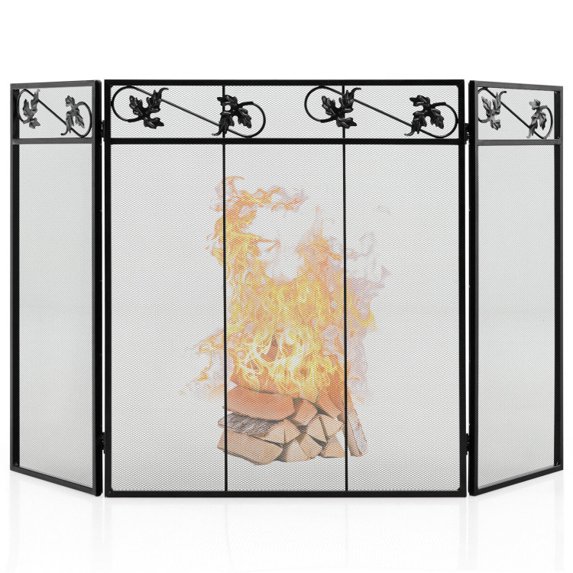 Kadyn Fireplace Screen, Fire Place Gate Protector, 3-Panel Fireplace Screen Decor Cover with Exquisite Pattern-Black