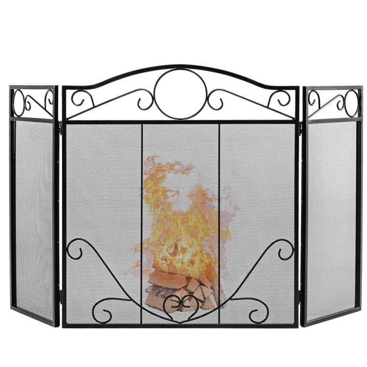 Kadyn Fireplace Screen, Fire Place Gate Protector, 3-Panel Freestanding Fireplace Screen Folded Fire Doors-Black