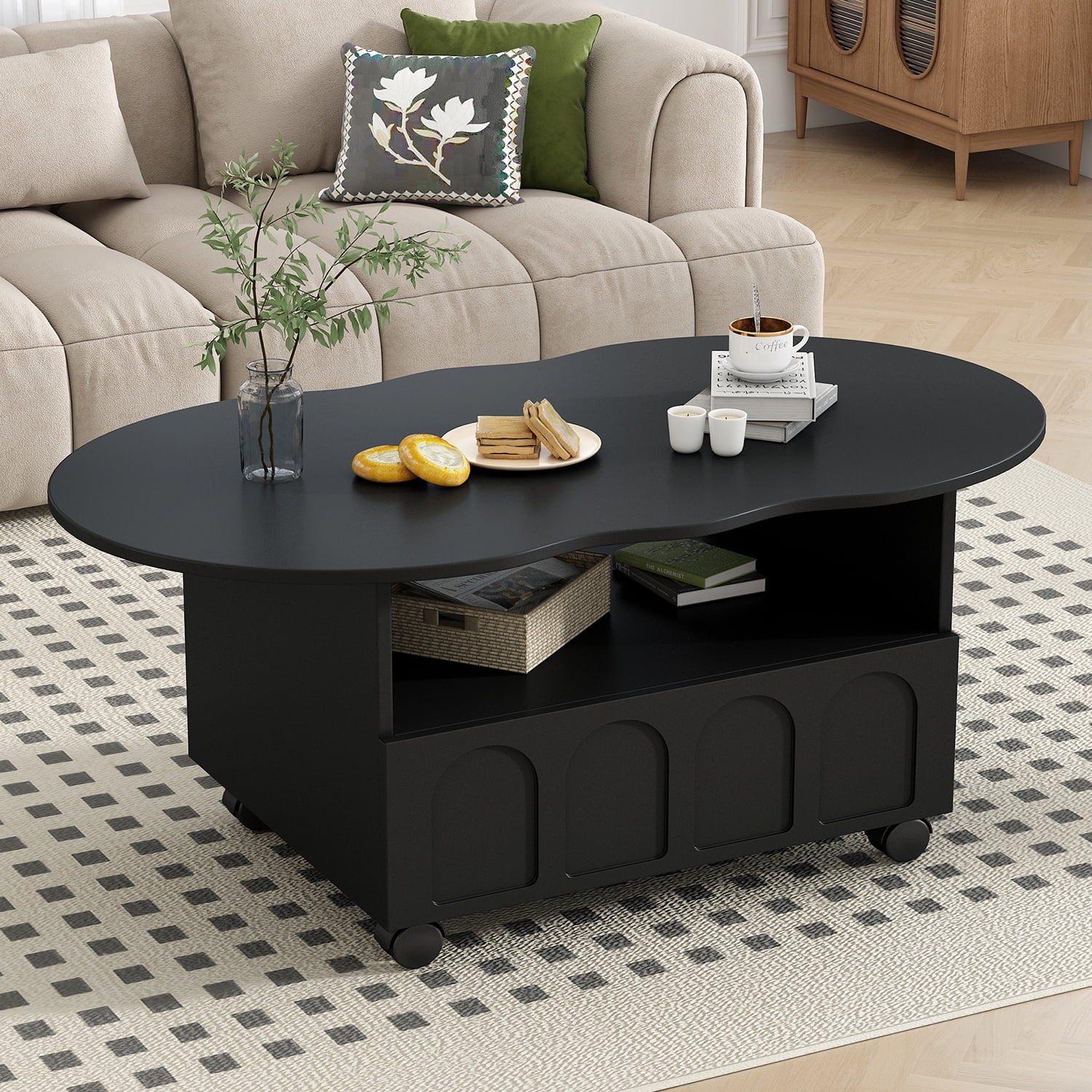 Kadyn Flexible Cream Style Coffee Table with 2 Brake Wheels, Cloud Top Side Table with Drawer, Irregular Center Table with Large Storage for Living Room, Black, 39.37''x 23.6'' Kadyn Flexible Cream Style Coffee Table with 2 Brake Wheels, Cloud Top Side Table with Drawer, Irregular Center Table with Large Storage for Living Room, Black, 39.37''x 23.6''