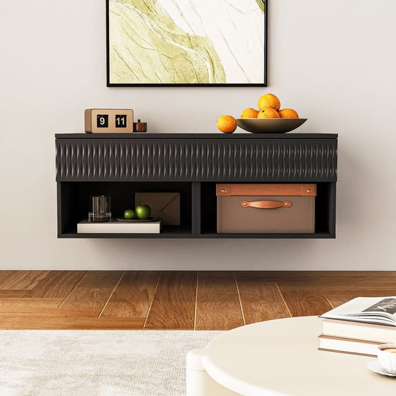 Kadyn Floating Nightstand Set of 2, Modern Bedside Table with Drawer & Carved Design, Wall-Mounted Night Stand with Storage Shelf for Living Room, Bedroom, Black