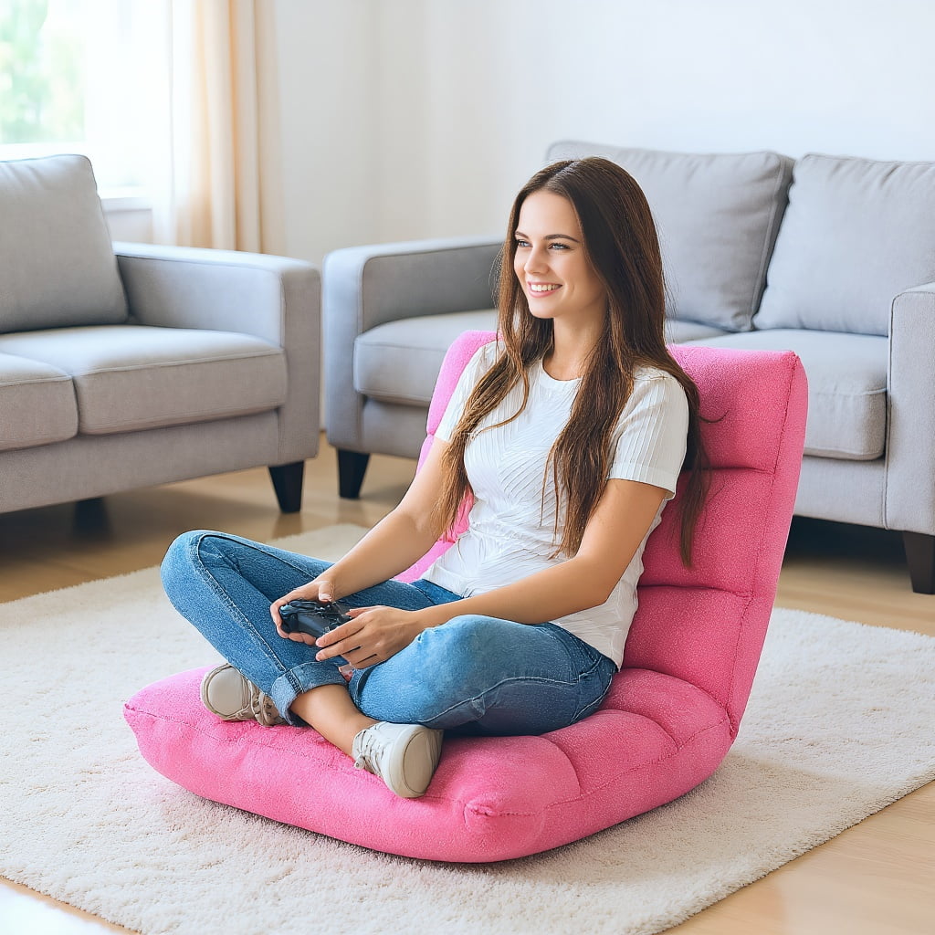 Kadyn Floor Chair, Legless Tatami Chair, Lounge Chair,Sleeper Bed Couch Recliner,Adjustable 14-position Cushioned Floor Chair-Pink