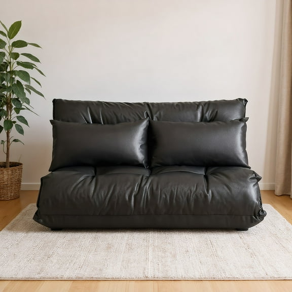 Kadyn Floor Chair, Legless Tatami Chair, Lounge Chair,Sleeper Bed Couch Recliner,Foldable PU Leather Leisure Floor Sofa Bed with 2 Pillows-Black