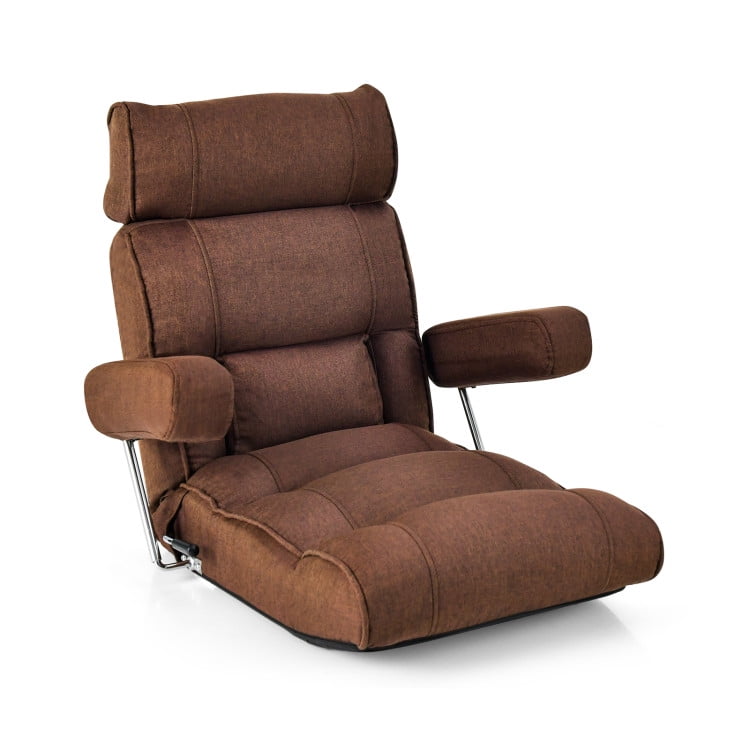 Kadyn Floor Chair with Adjustable Headrest, Lounge Chair with Armrests and Pillow, Adjustable Folding Sofa Chair with 6 Position Stepless Back-Brown