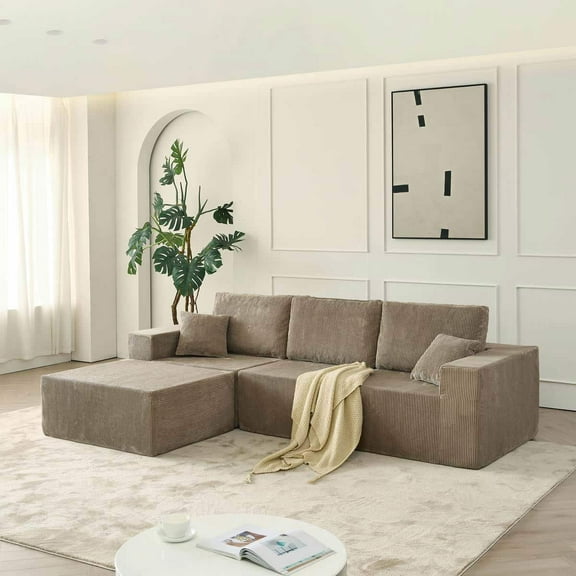 Kadyn Floor Sofa, Bedroom Sofa, Couch, 110" Cloud Modular Sectional Sofa,Boneless Couch, No Assembly, 3 seater with Ottoman & 2 Pillows, Gray