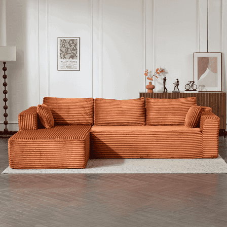 Kadyn Floor Sofa, Bedroom Sofa, Couch,Compression Sectional Couch with Comfy Chaise, Boneless L Shape Sofa with Deep Seat, Brown