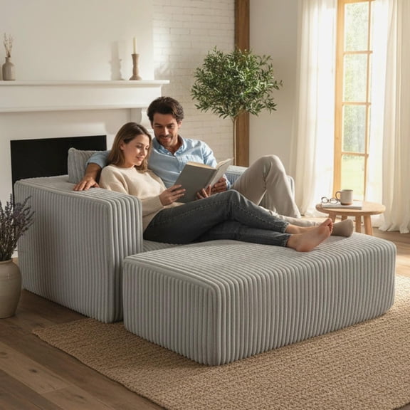 Kadyn All Foam Sectional Chair with Ottoman, Oversized Floor Lounge for Apartment, Compressed Delivery Simple Setup, 50.98"W x 62.6"D x 23.62"H, Smoke Grey